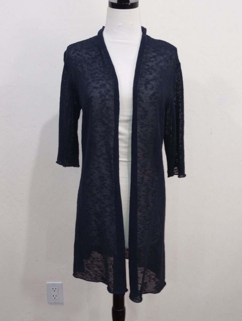 Eileen Fisher Linen Blend Navy Open Weave  Duster Cardigan, Size S